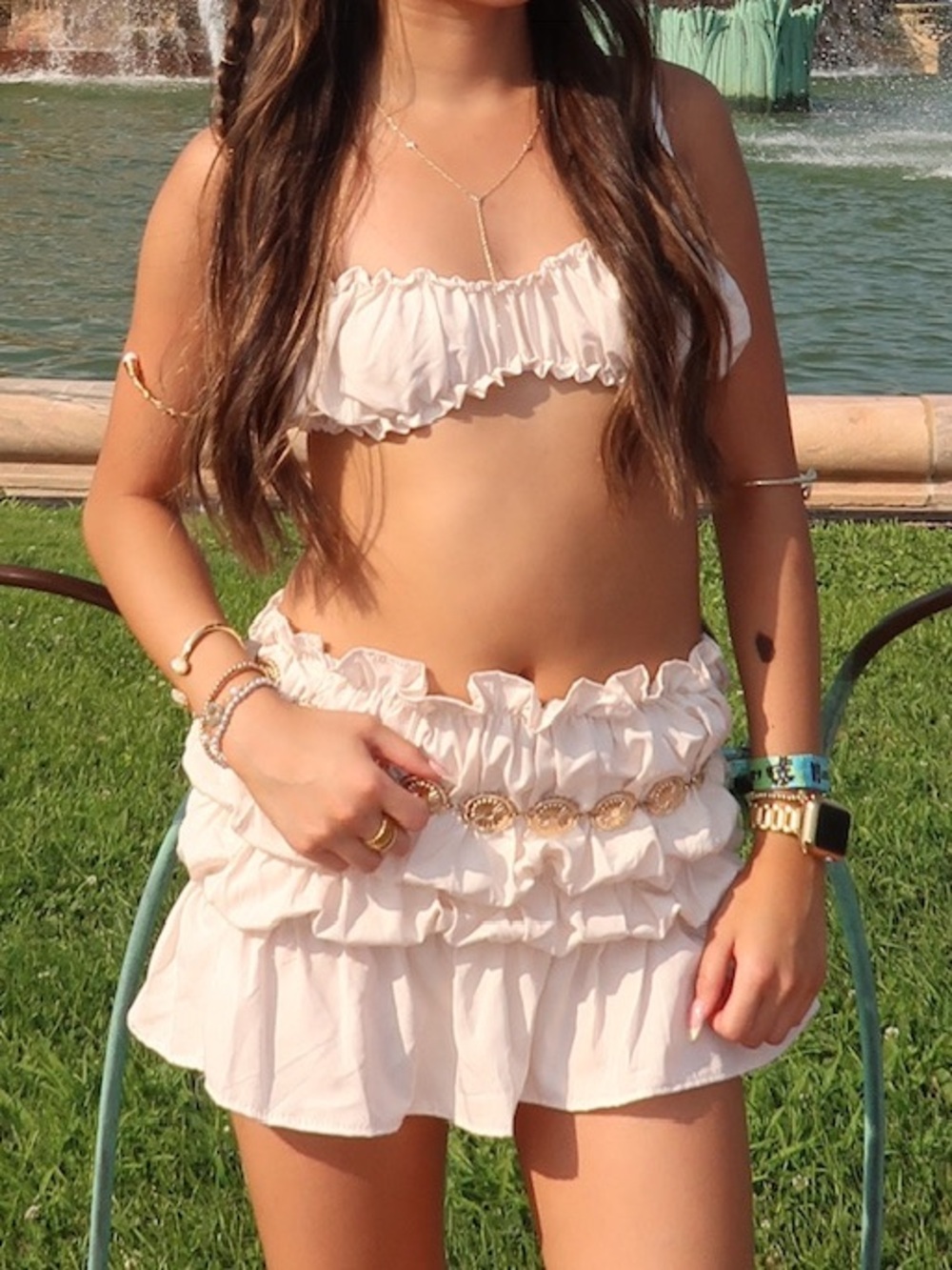 Smocked Strapless Top and Matching Bandeau in Light Beige